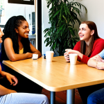 ** A diverse group of young adults having an open and comfortable conversation about sexual health, possibly in a modern, friendly setting like a cafe or community center.

**