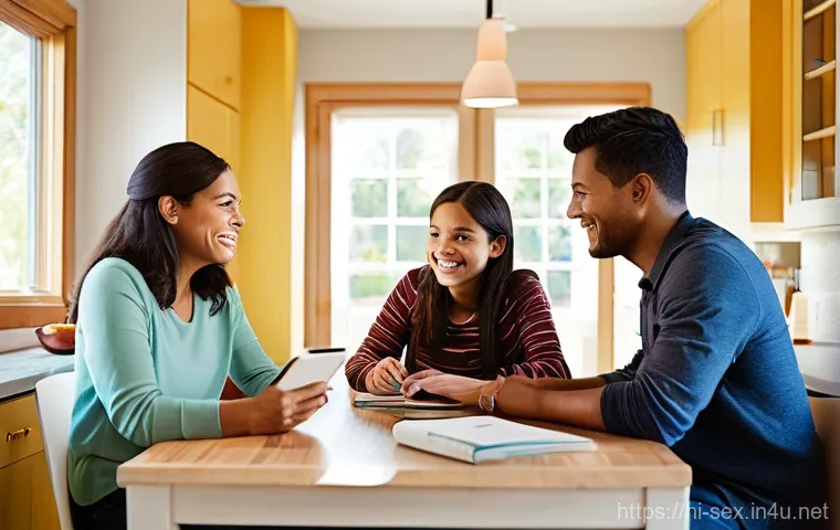 성교육과 성적 문제 상담 - **Prompt:** A diverse family (mother, father, and two children, one pre-teen and one teenager) are c...