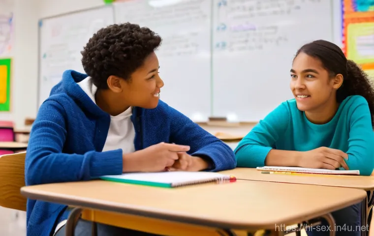 성교육과 성적 정체성 - **Prompt: "A diverse group of three teenagers, two girls and one boy, aged approximately 15-17, are ...