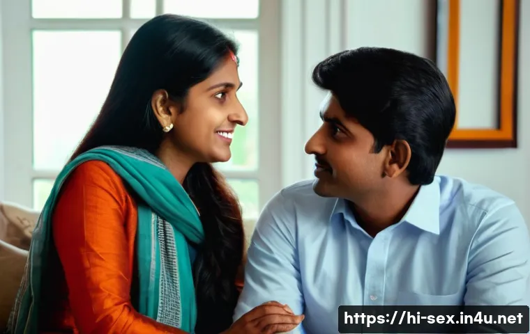 성교육과 성적 자기 발견 - A warm, intimate scene depicting a young Indian family in a cozy living room, where a mother and fat...