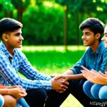 Home 22 성교육과 성적 탐구 - A respectful and diverse group of Indian teenagers sitting in a circle outdoors, engaging in open an...
