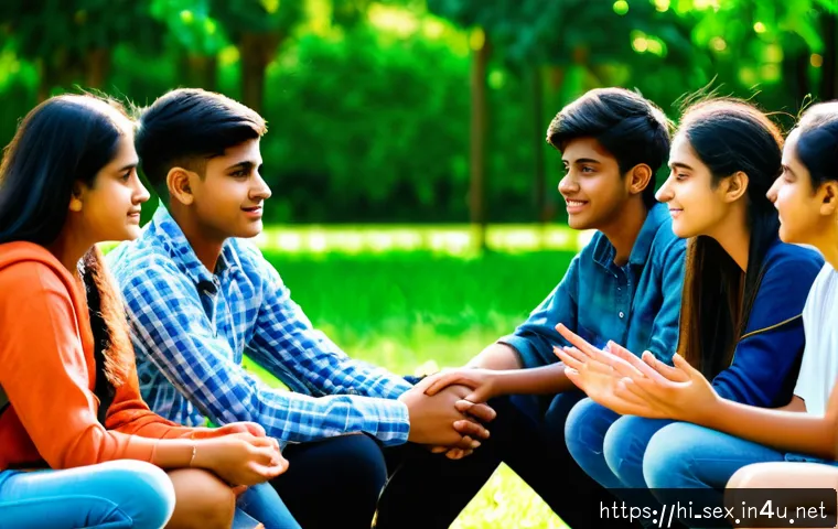 성교육과 성적 탐구 - A respectful and diverse group of Indian teenagers sitting in a circle outdoors, engaging in open an...