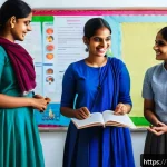 Home 21 성교육과 교육 정책 - A diverse group of Indian youth, dressed in modest contemporary clothing, engaged in an open and res...