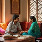 Home 19 가정에서의 성교육 방법 - A warm and inviting family living room scene in India, where a Hindi-speaking mother and father are ...