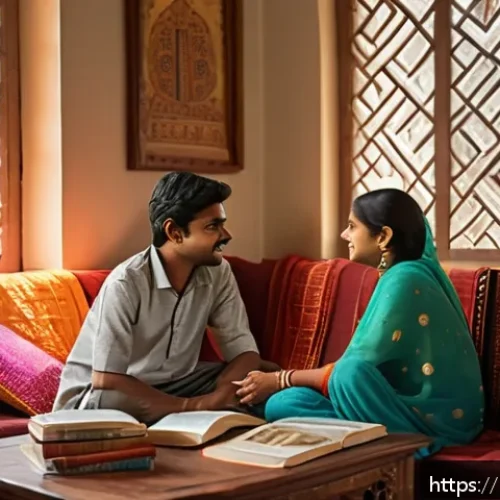 Home 31 가정에서의 성교육 방법 - A warm and inviting family living room scene in India, where a Hindi-speaking mother and father are ...