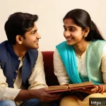 Home 23 성교육과 성적 상호 존중 - A young Indian couple sitting together in a cozy, warmly lit living room, engaging in open and heart...