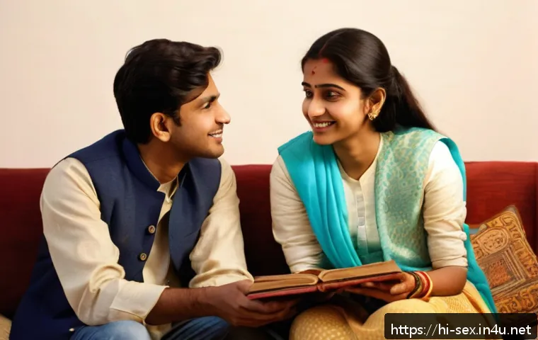 성교육과 성적 상호 존중 - A young Indian couple sitting together in a cozy, warmly lit living room, engaging in open and heart...