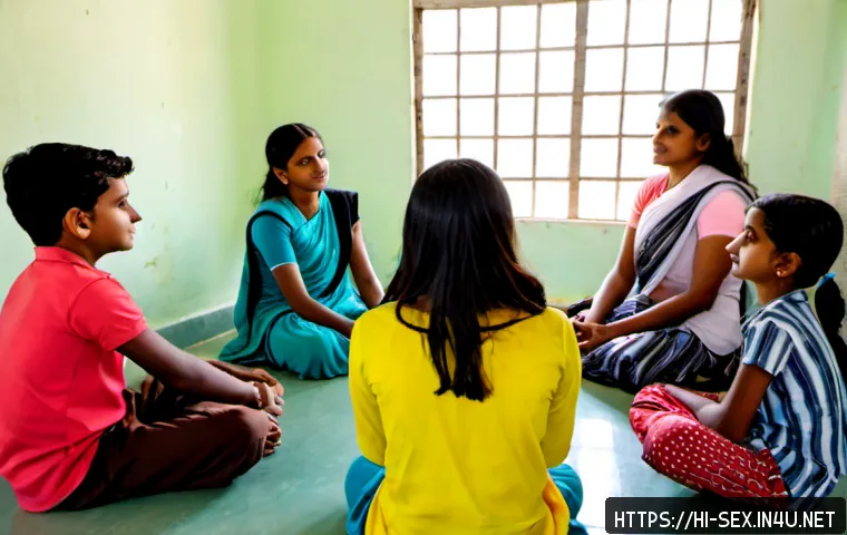 Home 17 성교육과 성적 자기방어 - Photorealistic sexual health education workshop in a bright modern community classroom in India, a t...