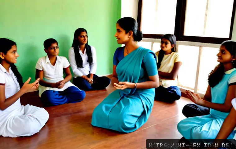 성교육과 페미니즘 - Photorealistic educational workshop in a bright modern community classroom in India, a confident adu...